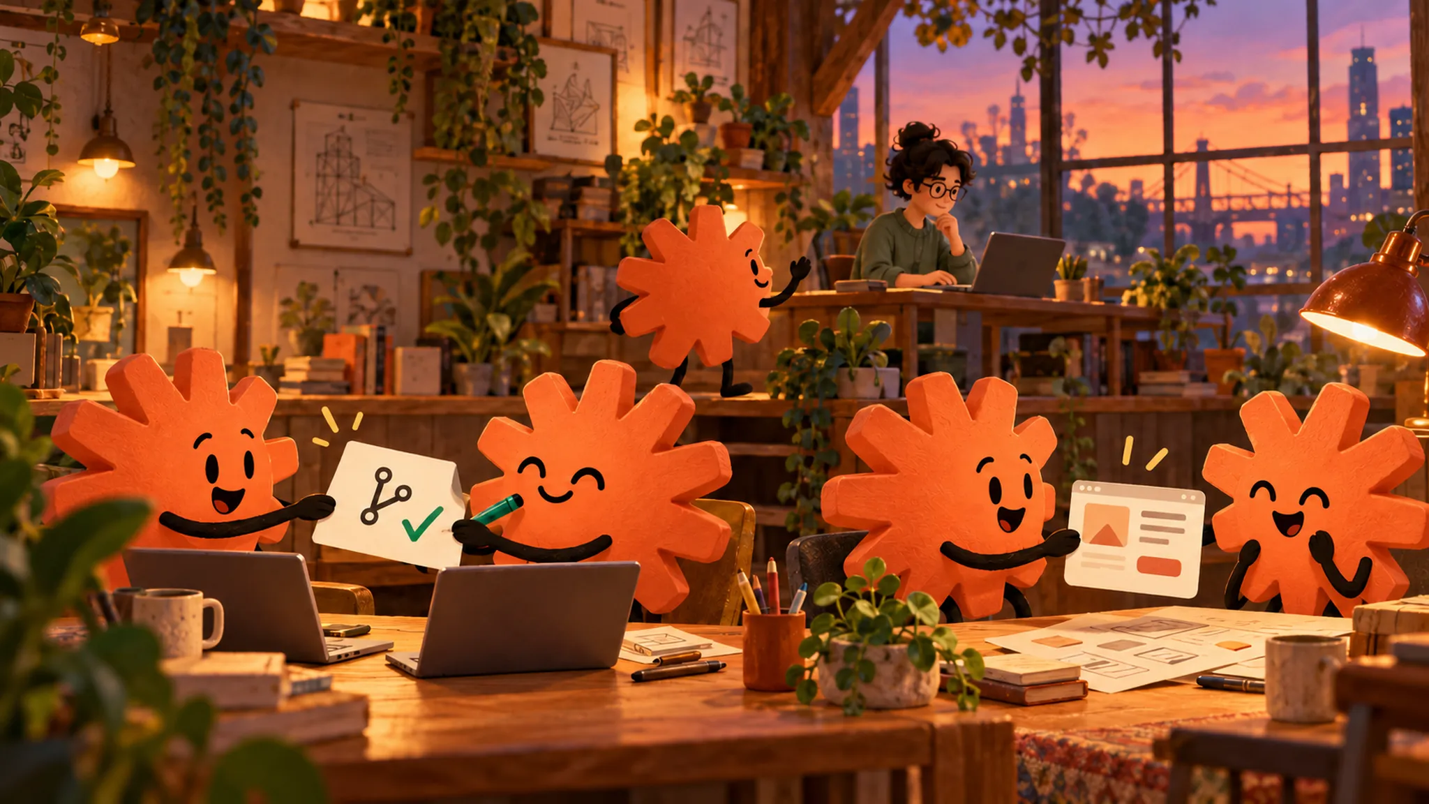 Five orange agents at a long table with laptops, one holding up a card with a green check; behind them their human at a desk, a city at sunset through the window.
